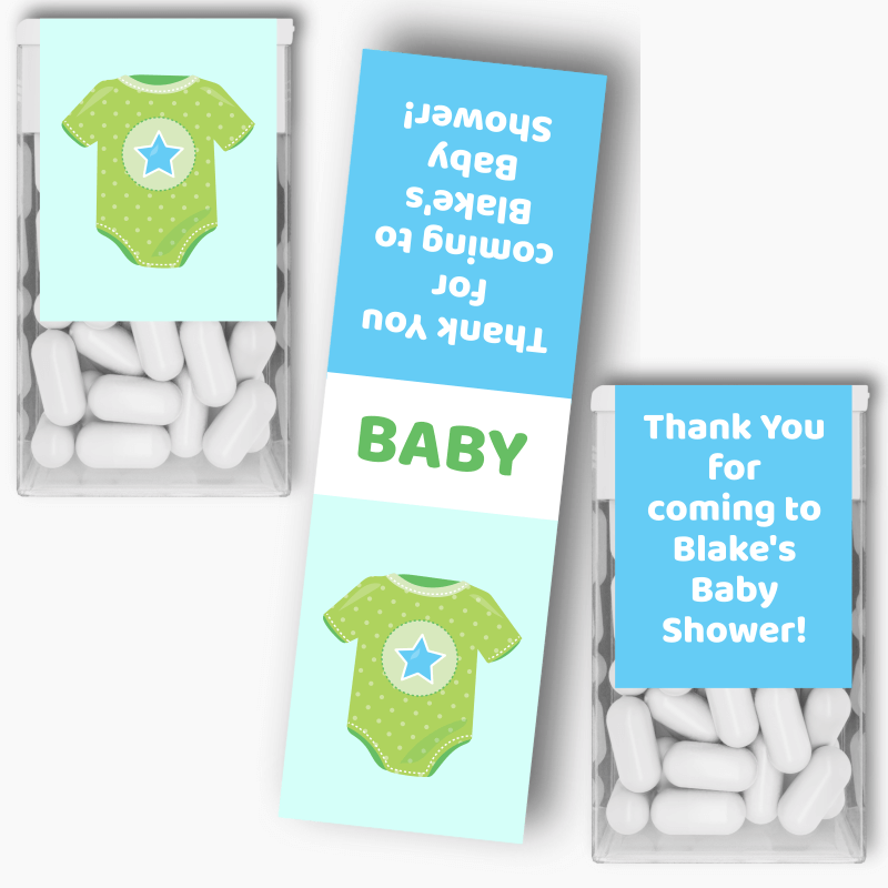 Personalised Blue &amp; Green Onesie Baby Shower Tic Tac Labels