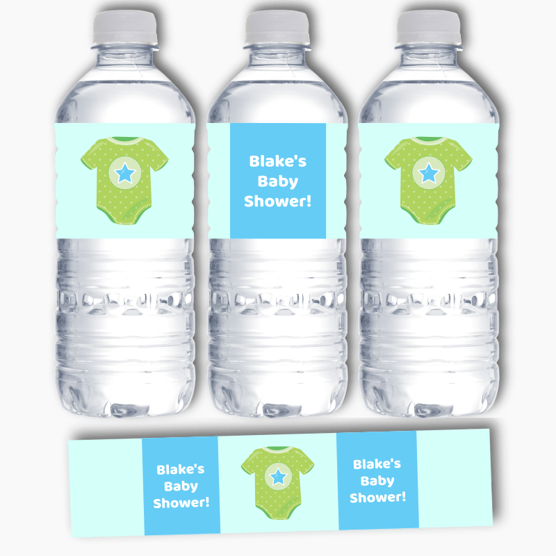 Personalised Blue &amp; Green Onesie Baby Shower Water Bottle Labels