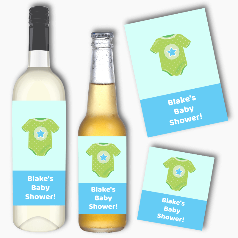 Personalised Blue &amp; Green Onesie Baby Shower Wine &amp; Beer Labels