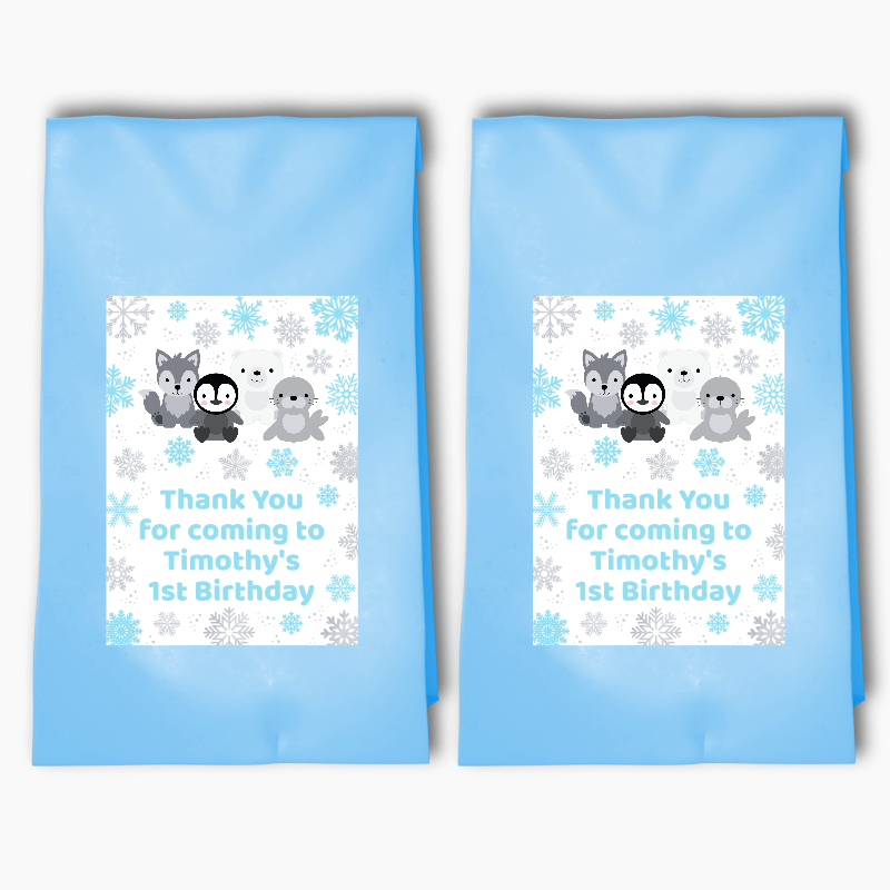 Personalised Blue &amp; Silver Arctic Animals Birthday Party Bags &amp; Labels