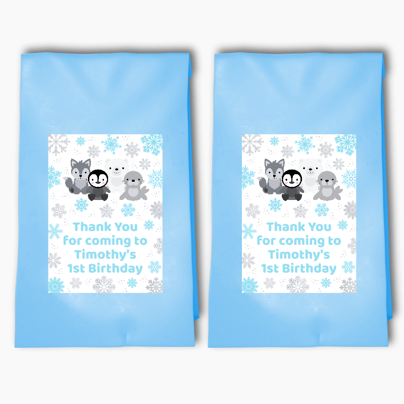 Personalised Blue & Silver Arctic Animals Birthday Party Bags & Labels