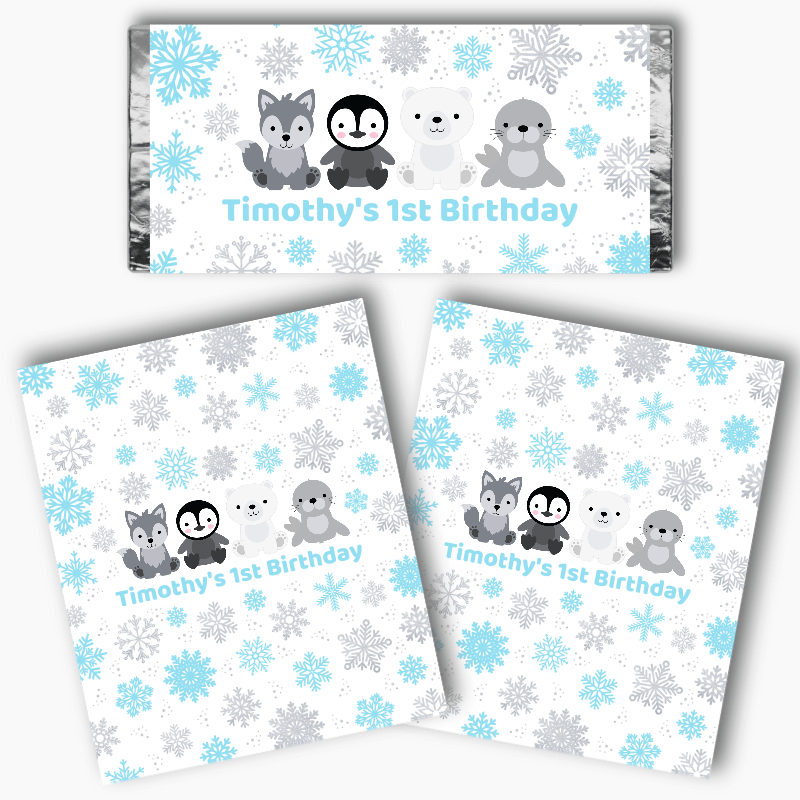 Personalised Blue & Silver Arctic Animals Party Mini Chocolate Labels