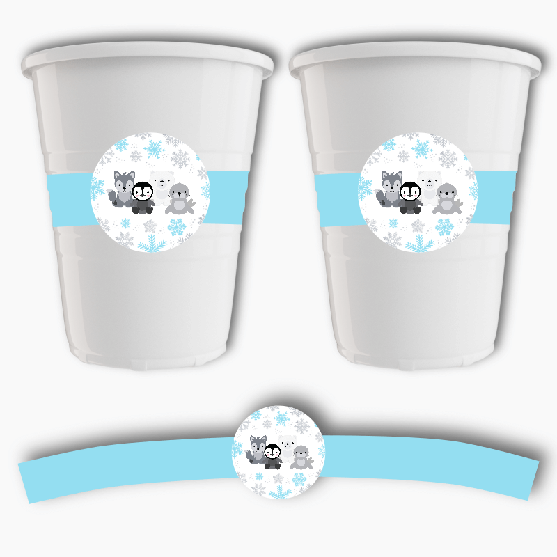 Personalised Blue &amp; Silver Arctic Animals Birthday Party Cup Stickers