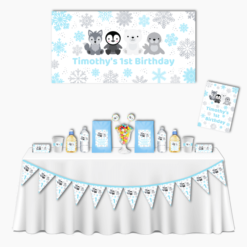 Personalised Blue &amp; Silver Arctic Animals Deluxe Birthday Party Pack