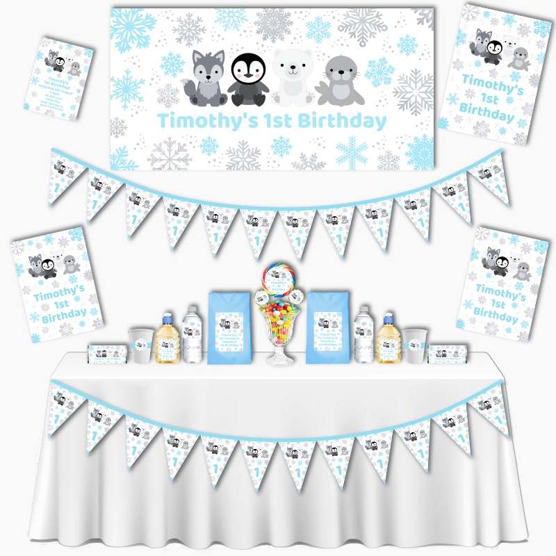 Personalised Blue &amp; Silver Arctic Animals Grand Birthday Party Pack