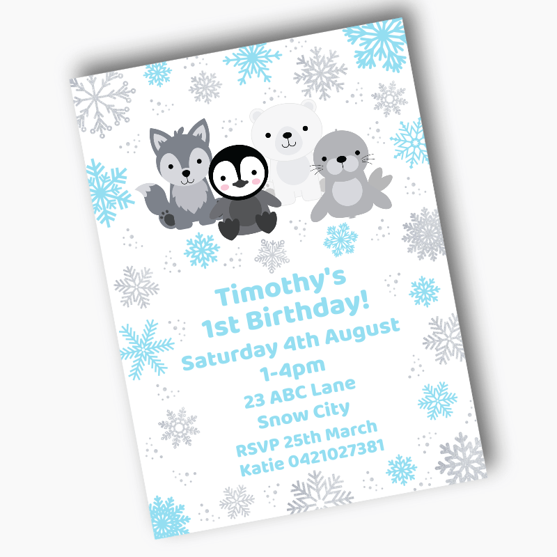 Personalised Blue &amp; Silver Arctic Animals Birthday Party Invites