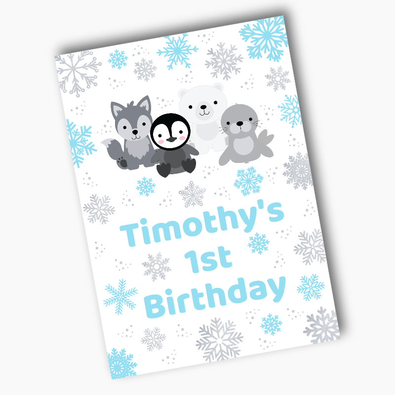 Personalised Blue & Silver Arctic Animals Birthday Party Posters