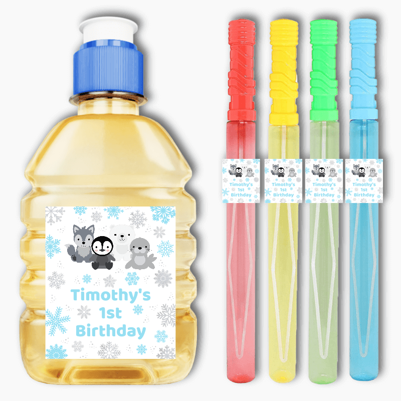 Personalised Blue & Silver Arctic Animals Birthday Party Rectangle Stickers