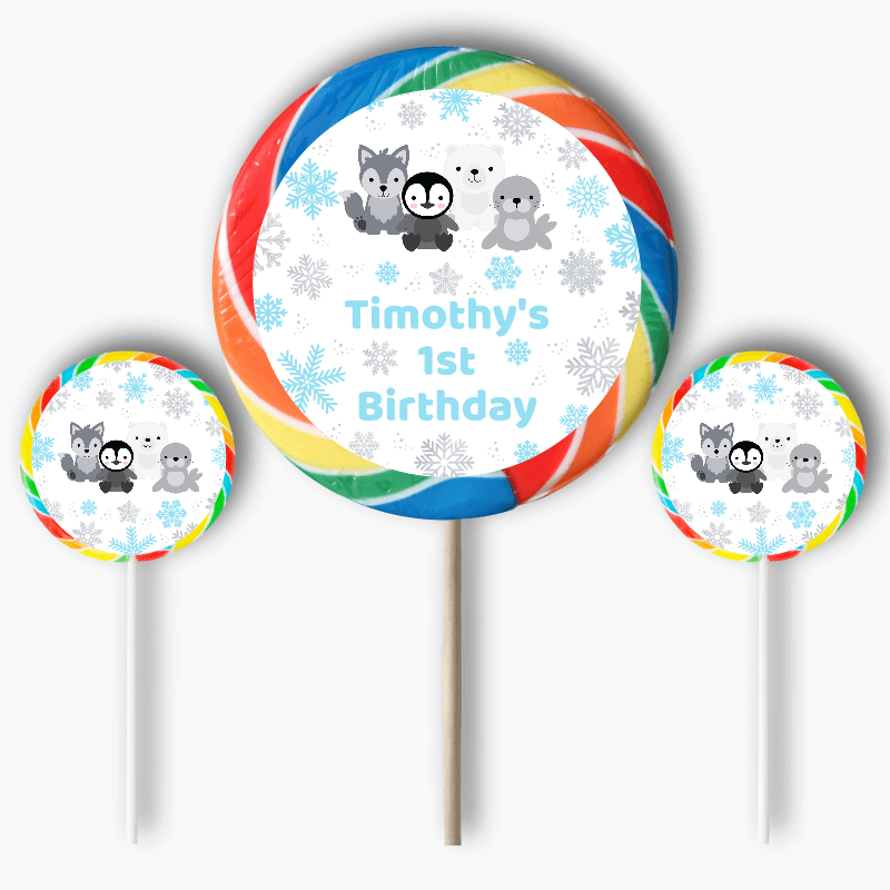 Personalised Blue &amp; Silver Arctic Animals Birthday Party Round Stickers