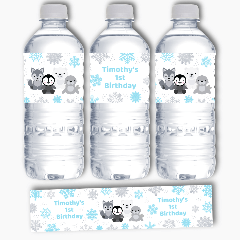 Personalised Blue &amp; Silver Arctic Animals Party Water Bottle Labels