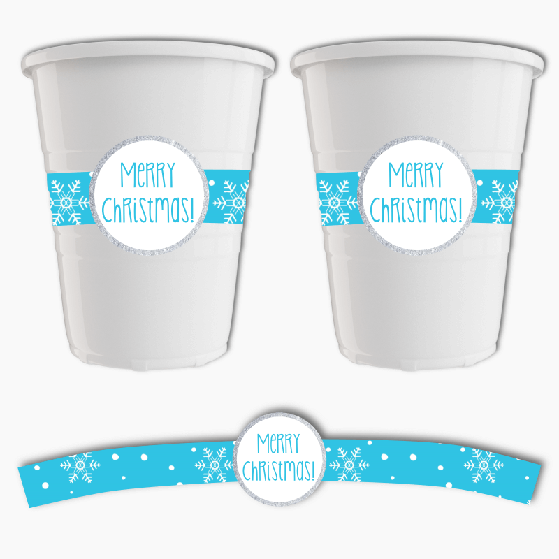 Blue &amp; Silver Winter Wonderland Christmas Party Cup Stickers