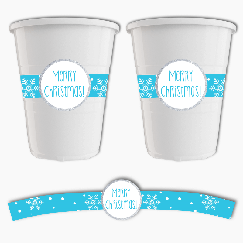 Blue & Silver Winter Wonderland Christmas Party Cup Stickers