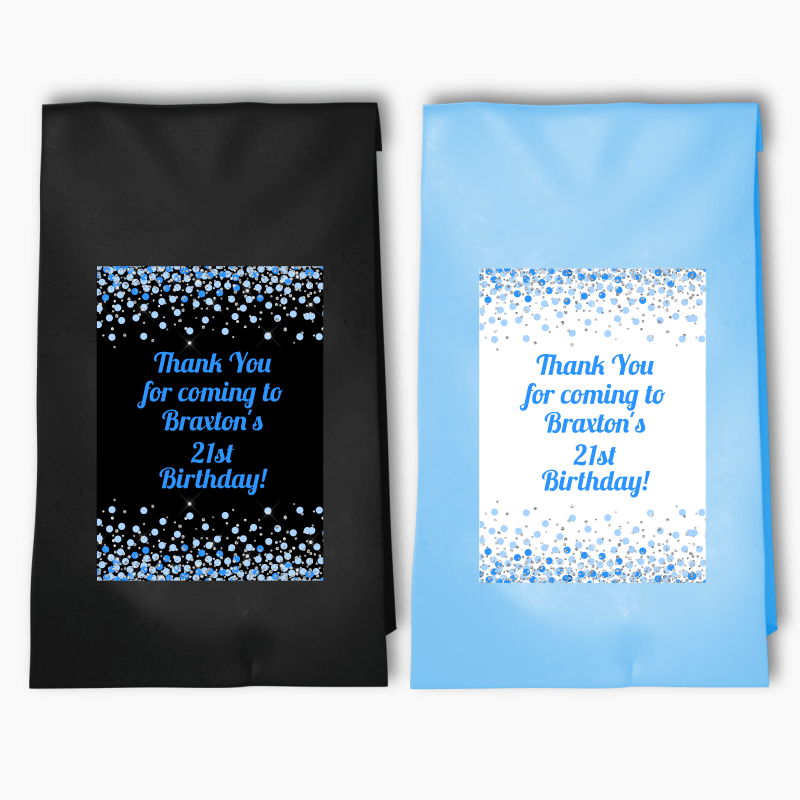 Personalised Blue & Silver Confetti Party Bags & Labels