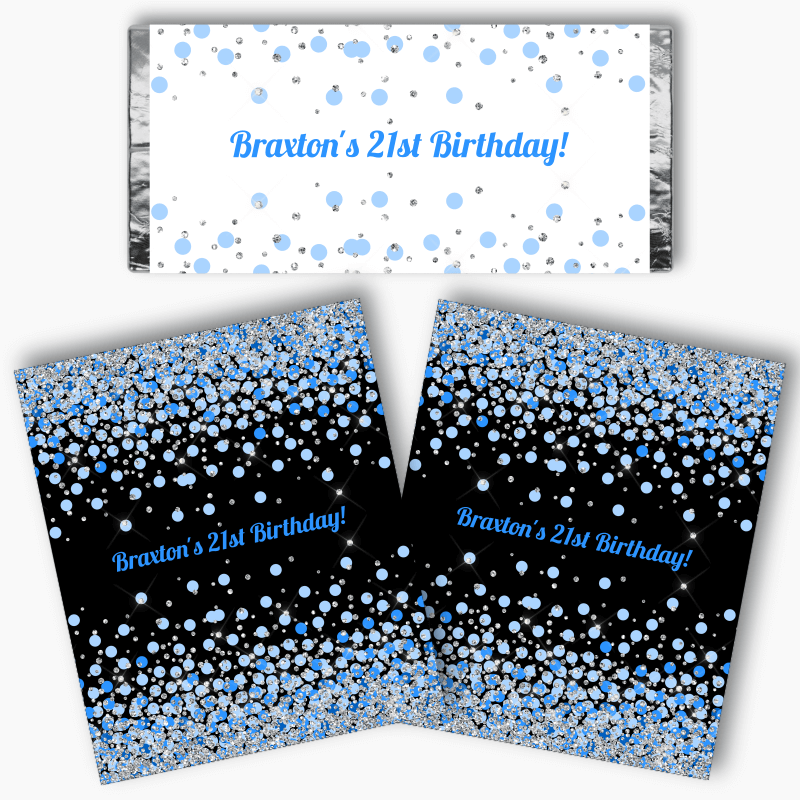 Personalised Blue, Black &amp; Silver Confetti Party Mini Chocolate Labels