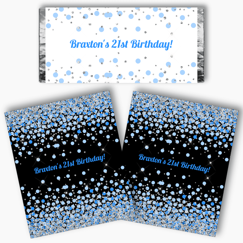 Personalised Blue, Black & Silver Confetti Party Mini Chocolate Labels