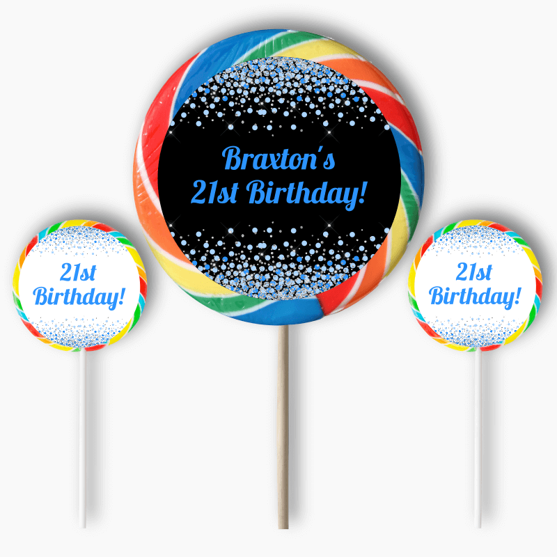 Blue & Silver Confetti Party Round Lollipop Stickers