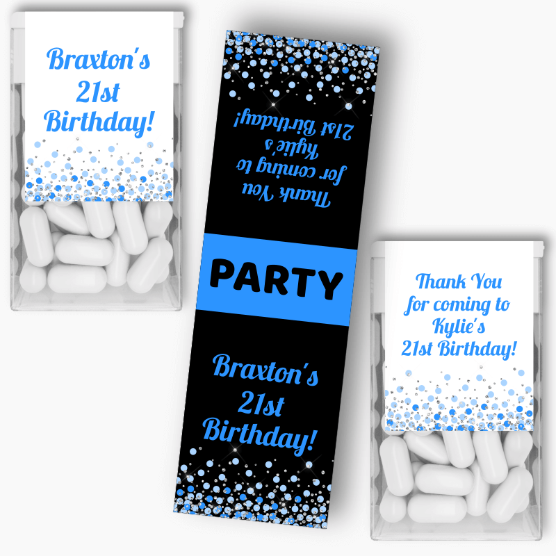 Personalised Blue &amp; Silver Confetti Party Tic Tac Labels