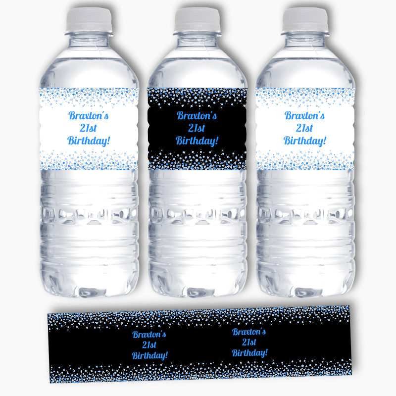 Blue &amp; Silver Confetti Party Water Labels