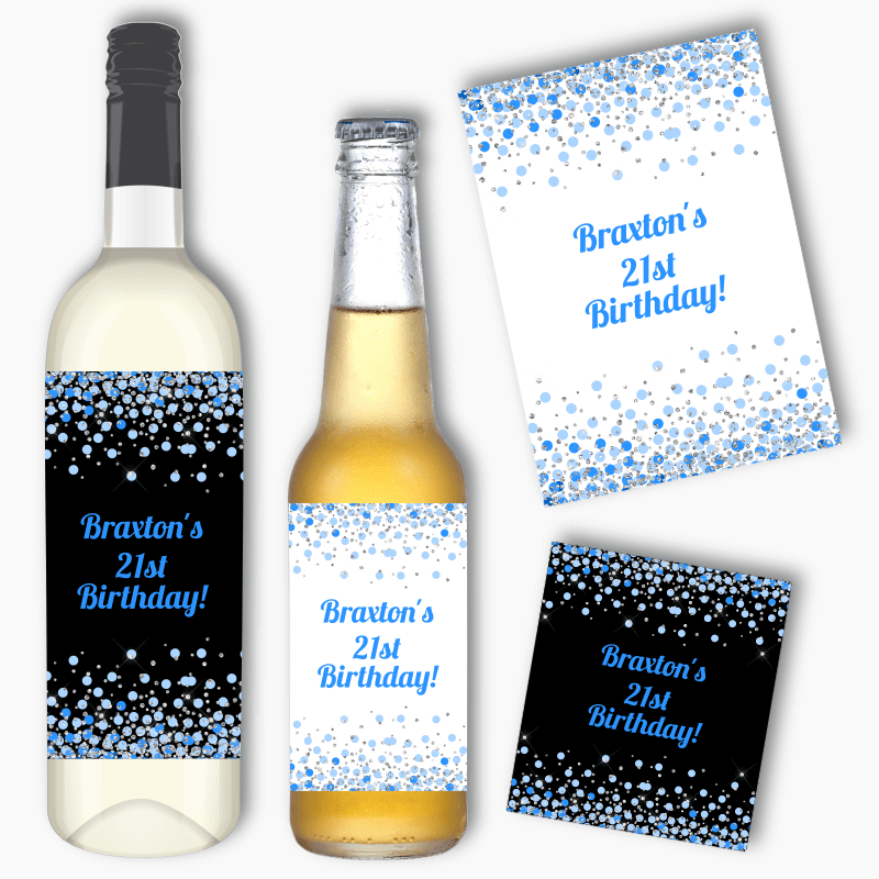 Blue &amp; Silver Confetti Party Wine &amp; Beer Labels