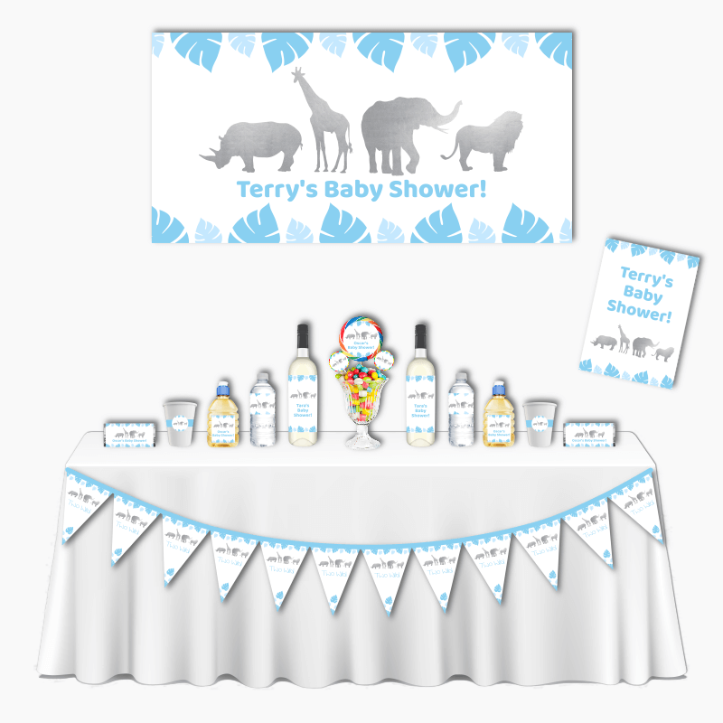 Personalised Blue &amp; Silver Safari Animals Deluxe Baby Shower Pack