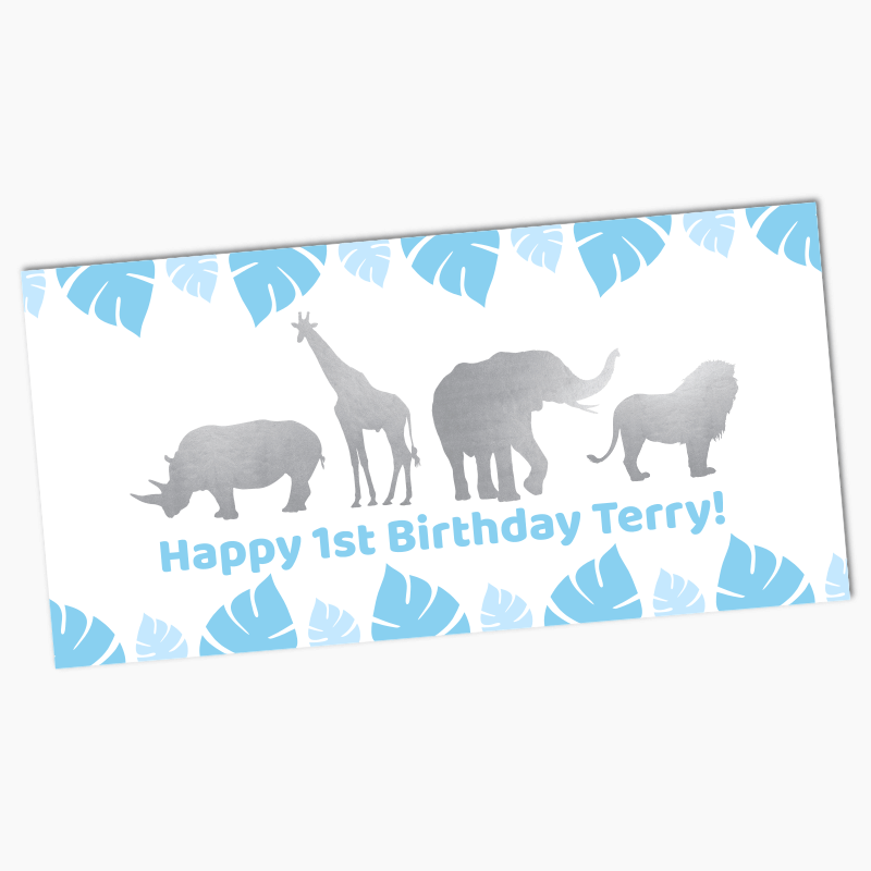 Personalised Blue &amp; Silver Safari Jungle Animals Birthday Party Banner