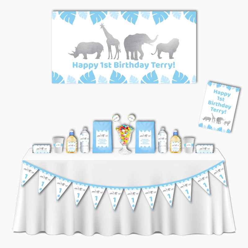 Personalised Blue &amp; Silver Safari Animals Deluxe Birthday Party Pack
