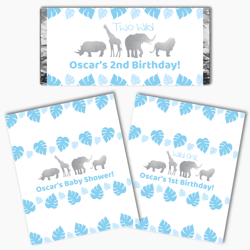 Personalised Blue &amp; Silver Safari Animals Party Mini Chocolate Labels