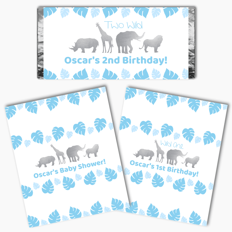 Personalised Blue & Silver Safari Animals Party Mini Chocolate Labels