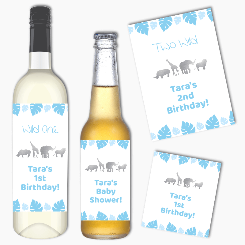 Personalised Blue & Silver Safari Animals Wine & Beer Labels