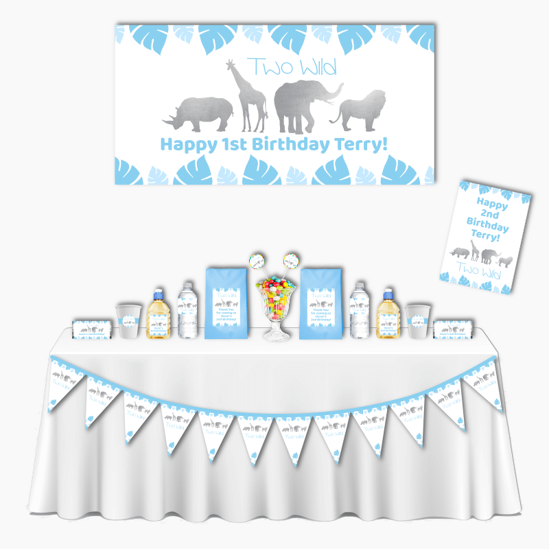 Personalised Blue &amp; Silver Safari Animals Deluxe Two Wild Party Pack