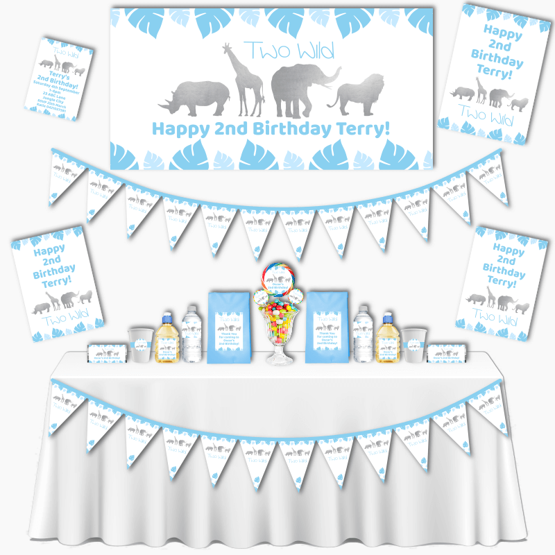 Personalised Blue &amp; Silver Safari Animals Grand Two Wild Party Decorations Pack