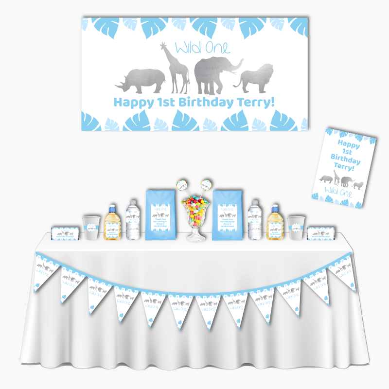 Personalised Blue &amp; Silver Safari Animals Deluxe Wild One Party Pack