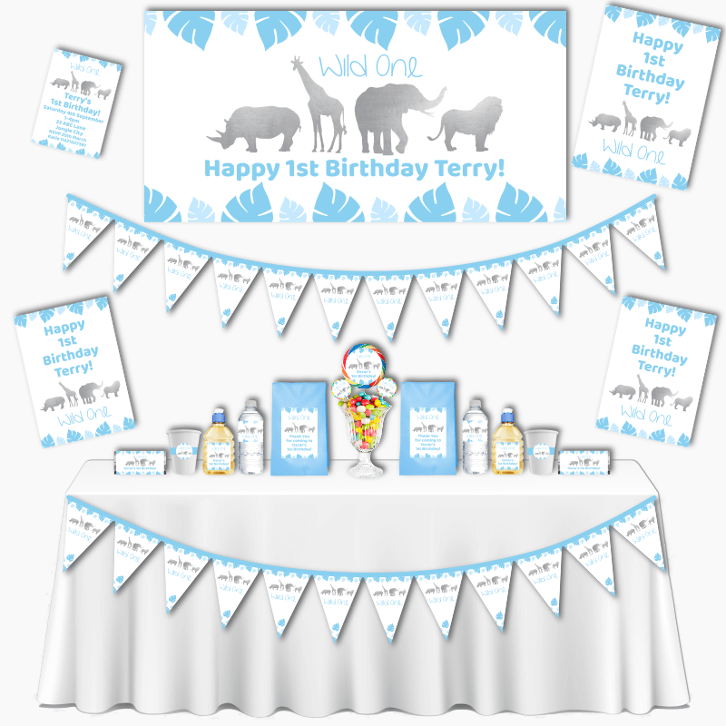 Personalised Blue &amp; Silver Safari Animals Grand Wild One Party Decorations Pack