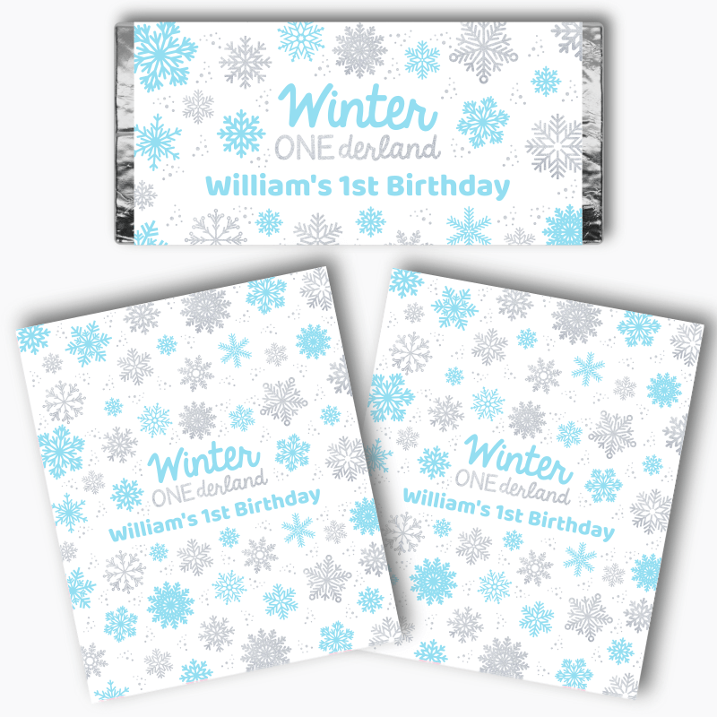 Personalised Blue &amp; Silver Winter ONEderland Birthday Party Chocolate Wrappers