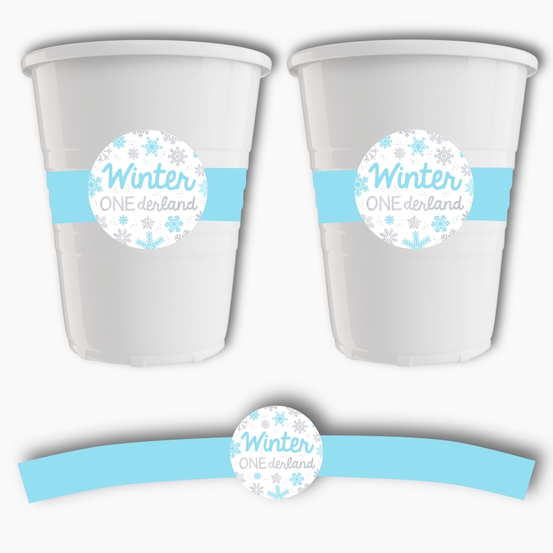 Personalised Blue & Silver Winter ONEderland Birthday Party Cup Stickers