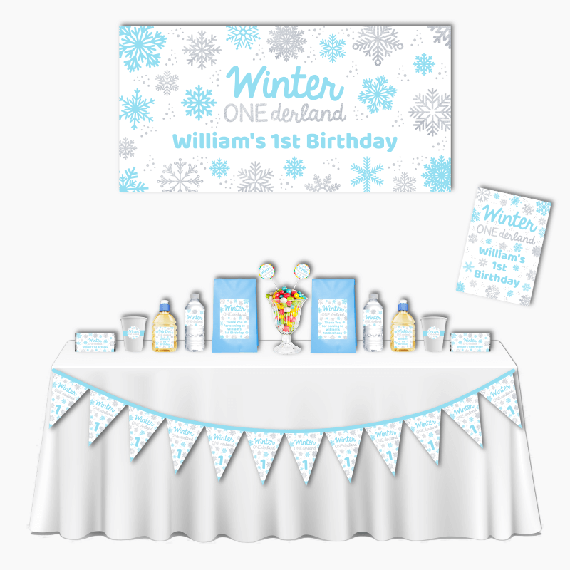 Personalised Blue & Silver Winter ONEderland Deluxe Birthday Party Pack