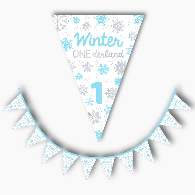 Personalised Blue & Silver Winter ONEderland Birthday Party Flag Bunting