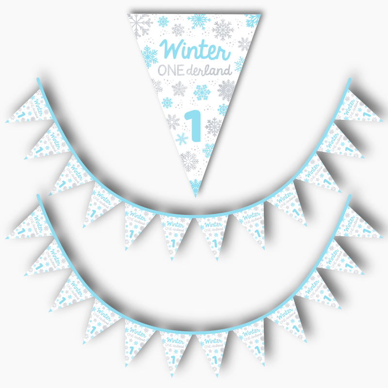 Personalised Blue &amp; Silver Winter ONEderland Birthday Party Flag Bunting