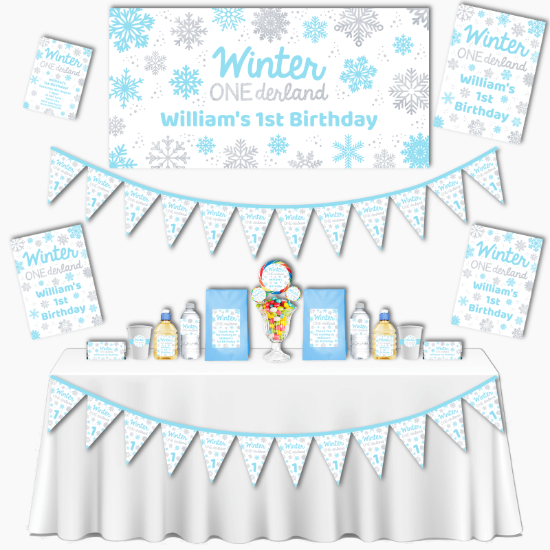 Personalised Blue &amp; Silver Winter ONEderland Grand Birthday Party Pack