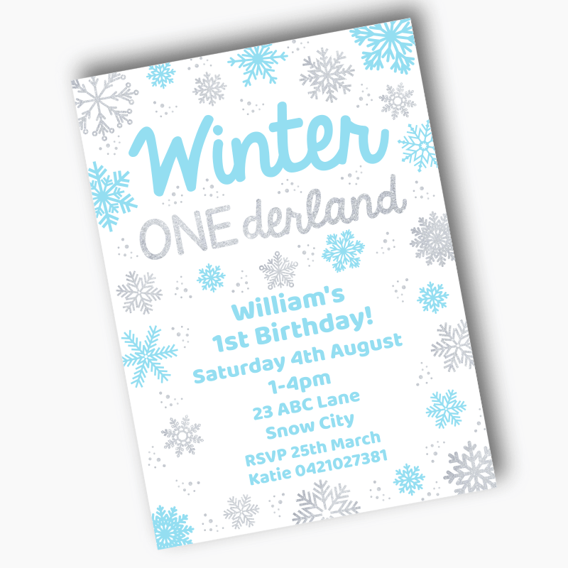 Personalised Blue &amp; Silver Winter ONEderland Birthday Party Invites