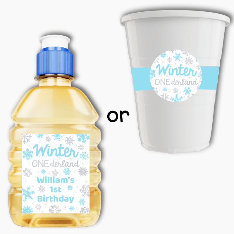 Personalised Blue &amp; Silver Winter ONEderland Birthday Party Drink Labels