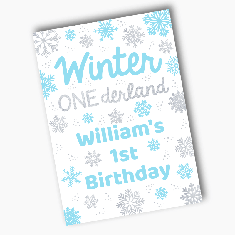 Personalised Blue &amp; Silver Winter ONEderland Birthday Party Posters