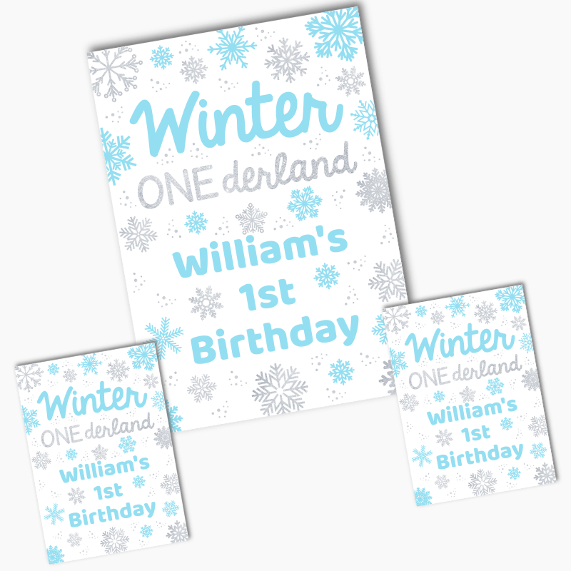 Personalised Blue &amp; Silver Winter ONEderland Birthday Party Posters