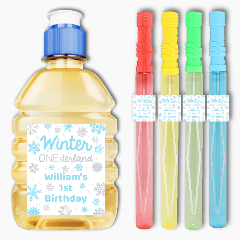 Personalised Blue & Silver Winter ONEderland Birthday Party Rectangle Stickers