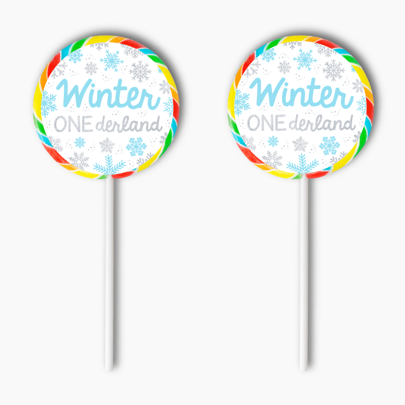 Personalised Blue &amp; Silver Winter ONEderland Birthday Party Round Stickers