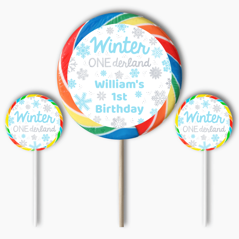 Personalised Blue & Silver Winter ONEderland Birthday Party Round Stickers