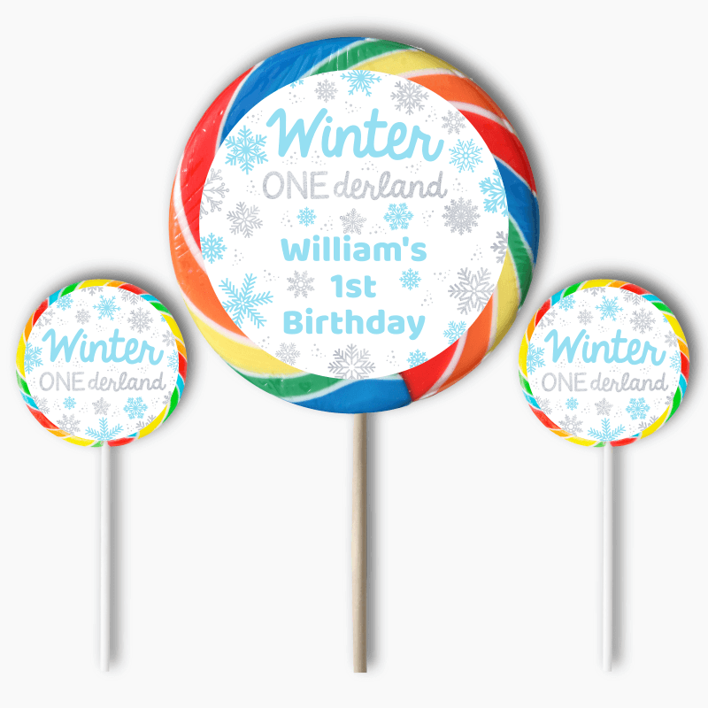 Personalised Blue &amp; Silver Winter ONEderland Birthday Party Round Lollipop Stickers