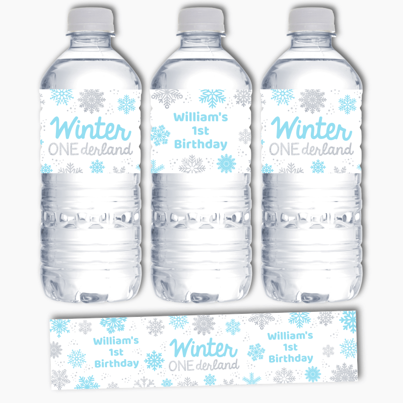 Personalised Blue &amp; Silver Winter ONEderland Party Water Bottle Labels