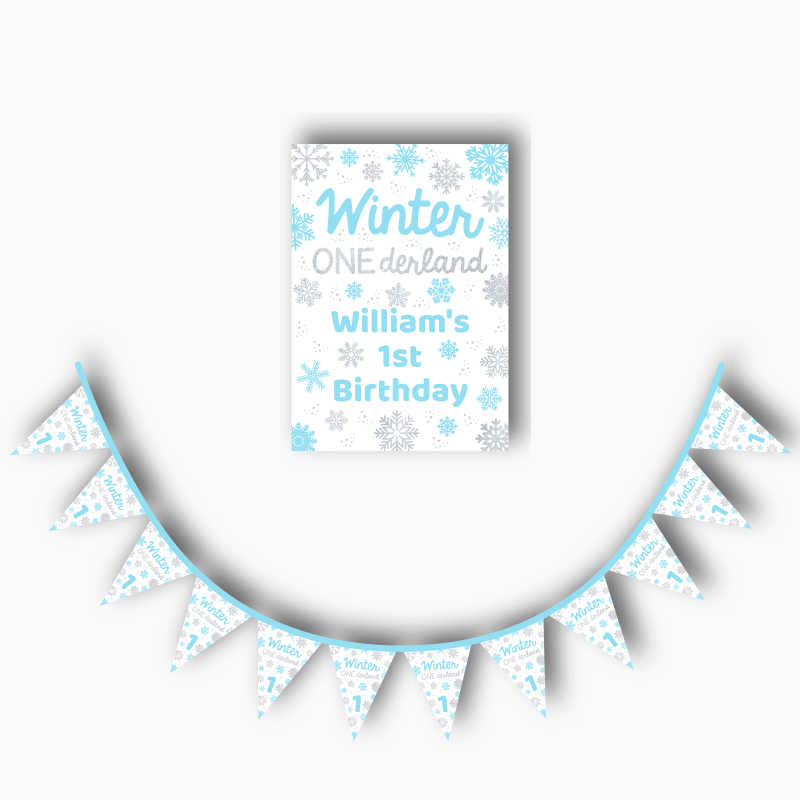 Personalised Blue &amp; Silver Winter ONEderland Party Poster &amp; Flag Bunting Combo