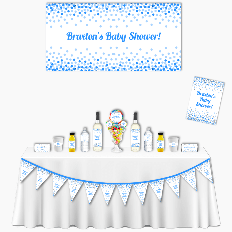 Personalised Blue, White &amp; Silver Confetti Deluxe Baby Shower Pack